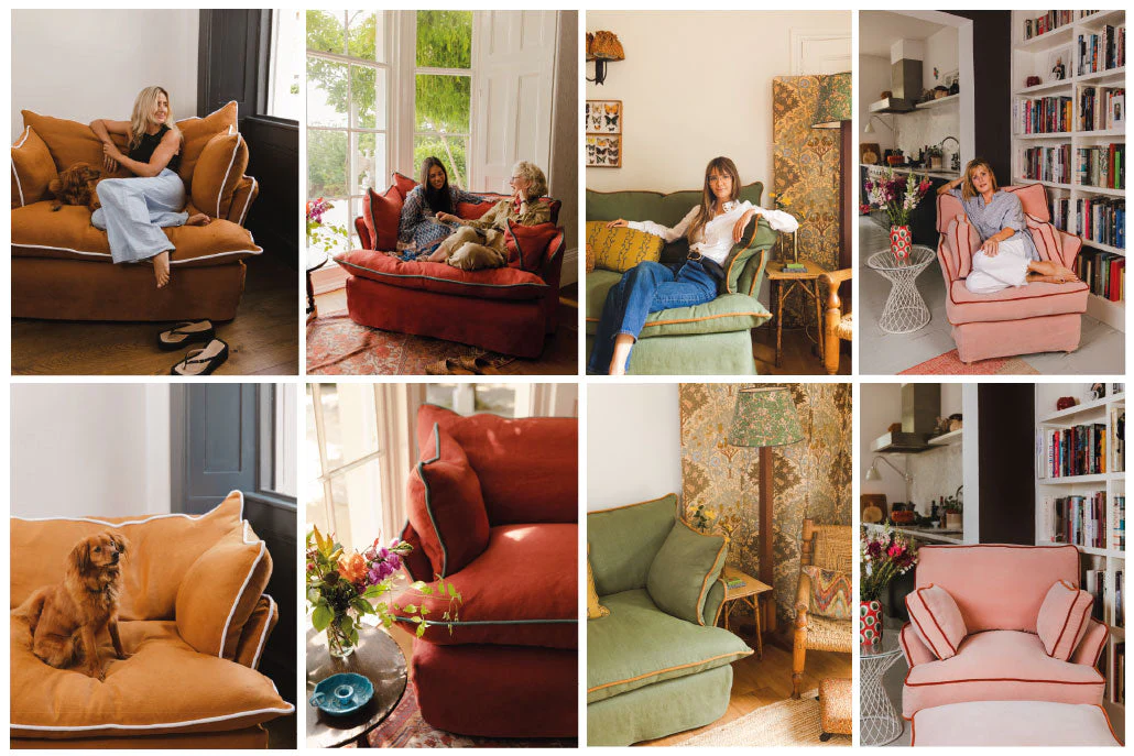 At home with Lucy Williams, Lonika Chande, Fee Greening and Skye Gyngell featuring Maker and Son Marnie contrast piped edge and Otter box edge.