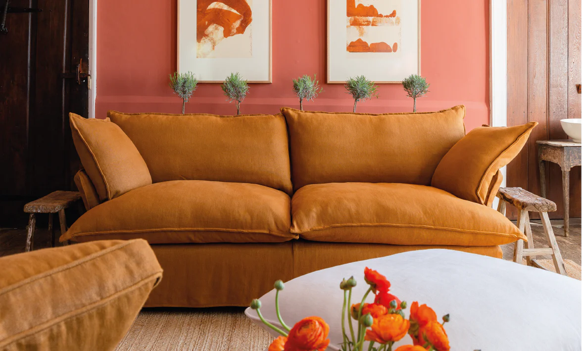 Maker and Son Bronzite brown Italian linen Sofa in Song short pillow edge in Kemps House living room.